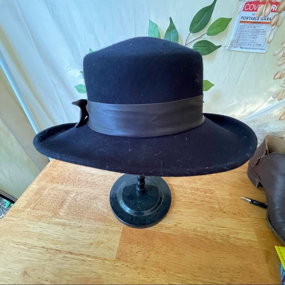 Vintage 100% Wool Black Hat with Ribbon Accent Boho Lagenlook Steampunk Church